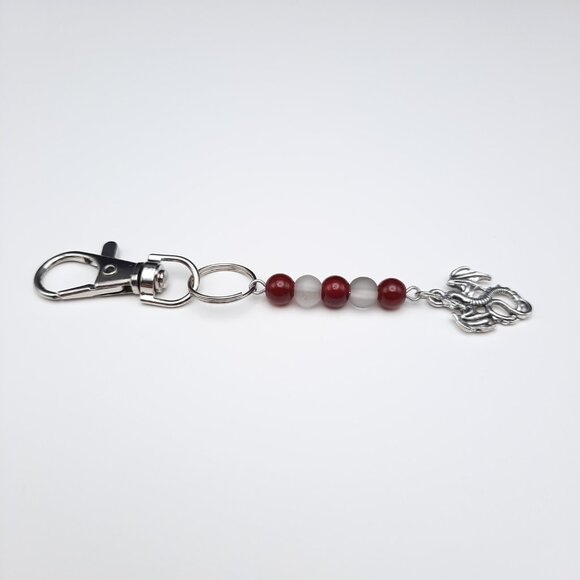 Red & Gray Beaded Silver Dragon Gothic Keychain Handmade Accessory - Picture 4 of 7
